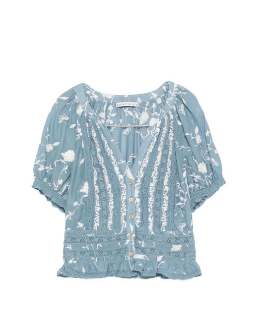 Alice + Olivia Blue Lace-Trim Embroidered Blouse