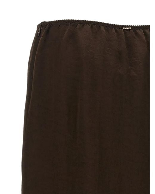 Twinset Brown Midi Froissé Satin And Lace Skirt