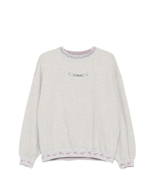 Chloé White Floral-Embroidered Logo-Print Sweater