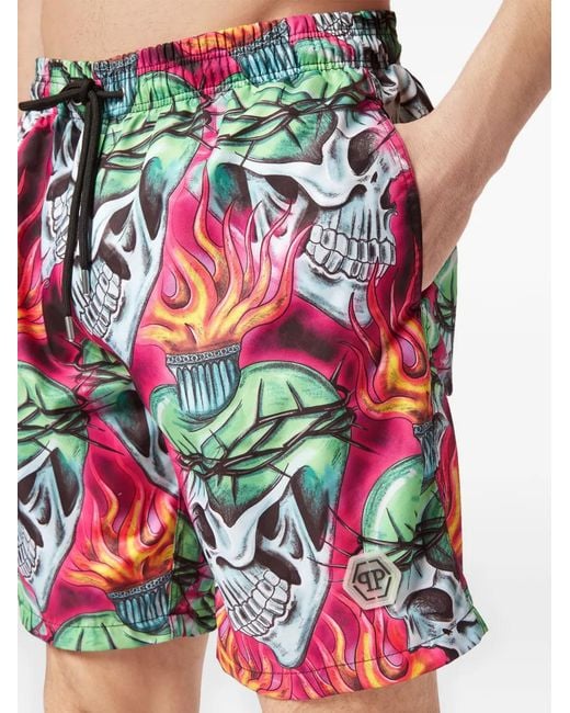 Philipp Plein Red Skull-Print Swim Shorts for men