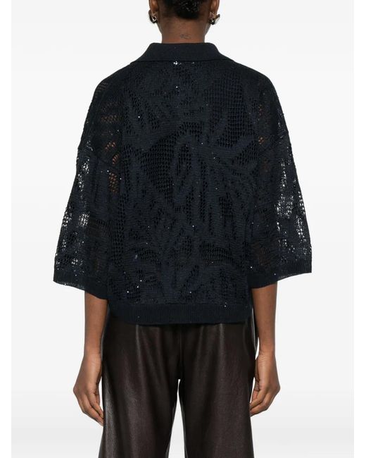 Brunello Cucinelli Black V-Neck Open-Knit Sweater