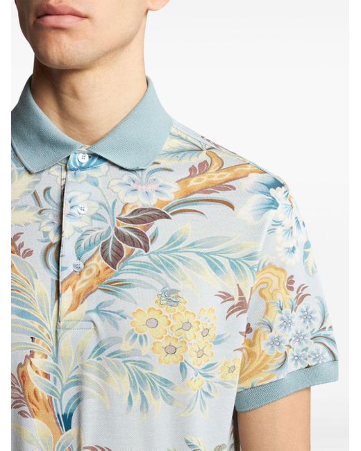 Etro Blue Floral-print Polo Shirt for men