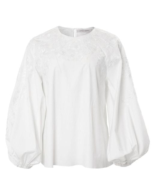 Carolina Herrera White Floral-embroidered Puff-sleeve Blouse