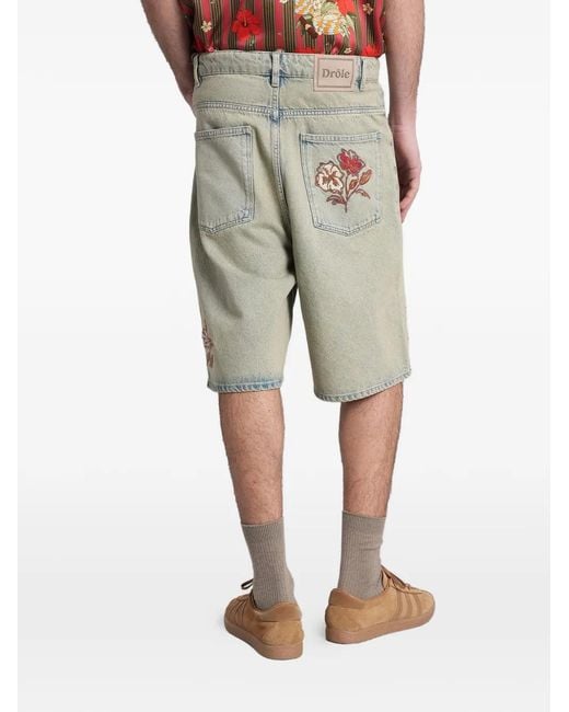 Drole de Monsieur Natural Floral-Embroidered Denim Shorts for men