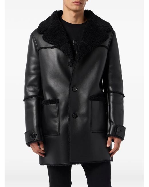 Philipp Plein Black Long Eco Shearling Jacket for men