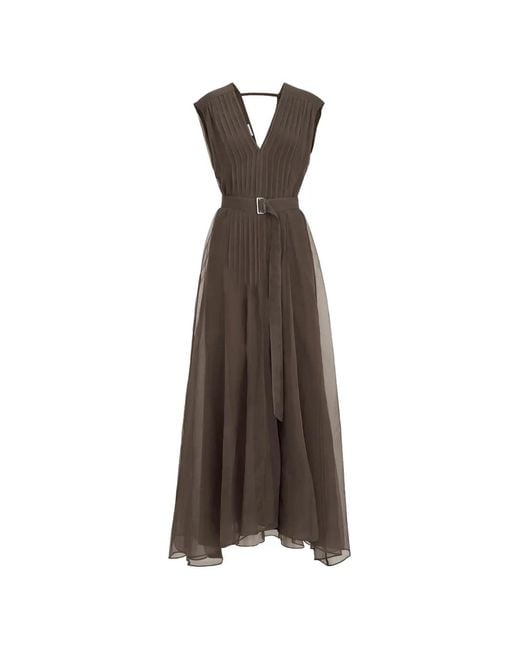 Brunello Cucinelli Brown Crispy Silk Belted Dress With Pleated Detail And Precious Strap