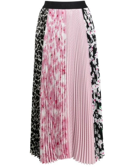 MSGM Pink Mix-print Pleated Midi Skirt