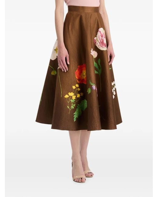Oscar de la Renta Brown Botanical-Print Midi Skirt