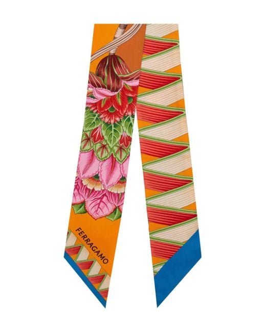 Ferragamo Orange Bandeau En Soie À Imprimé Graphique