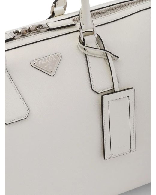 Prada White Triangle-Logo Leather Duffle Bag
