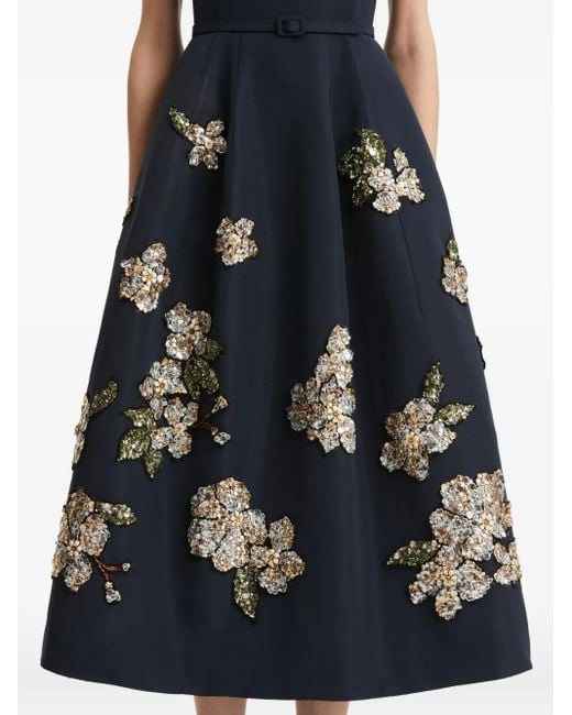 Oscar de la Renta スパンコールトリム フローラル ミディドレス Blue