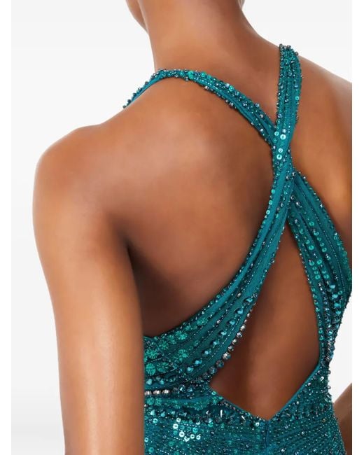 Jenny Packham Blue Verziertes Lana Neckholder-Maxikleid