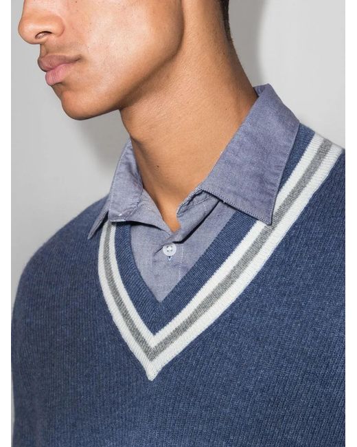 Brunello Cucinelli Blue V-Neck Cashmere Jumper for men