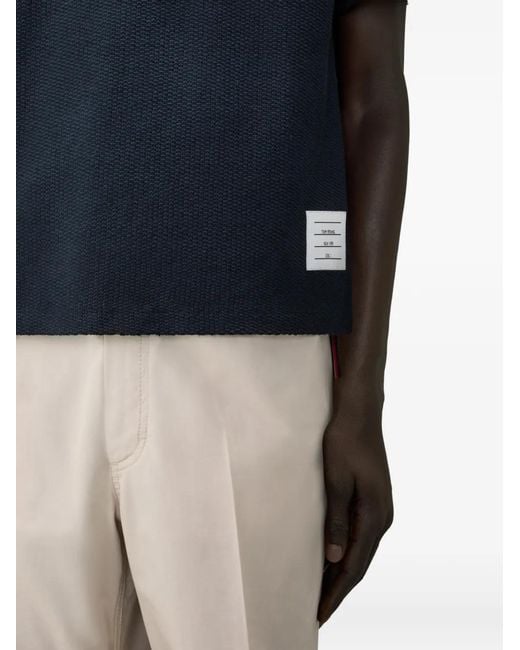 Thom Browne Blue Textured-Knit Chest-Pocket Polo Shirt for men