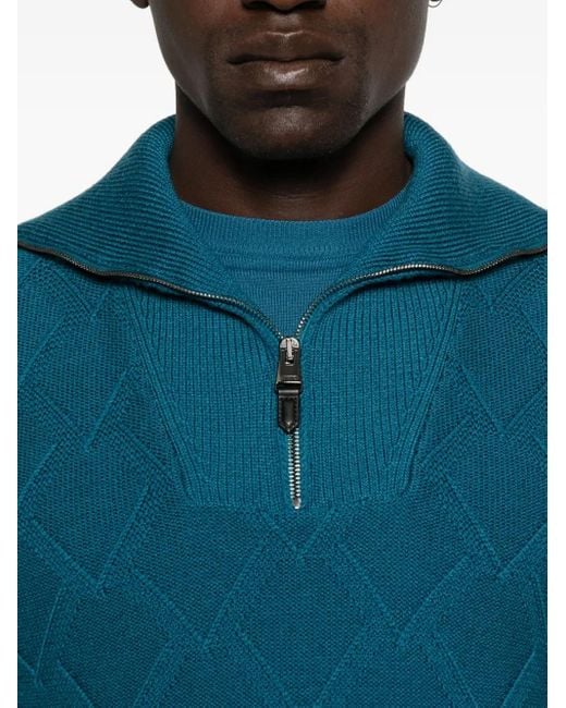 Canali Blue Diamond-Pattern Zip-Neck Sweater for men