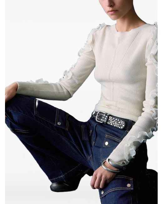 Liu Jo White Ruffled Openwork Sweater