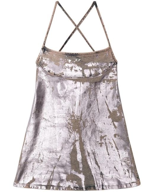 DIESEL Purple Logo-Plaque Metallic Minidress