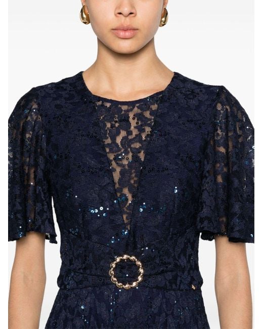 Nissa Blue Sequined Lace Midi Dress