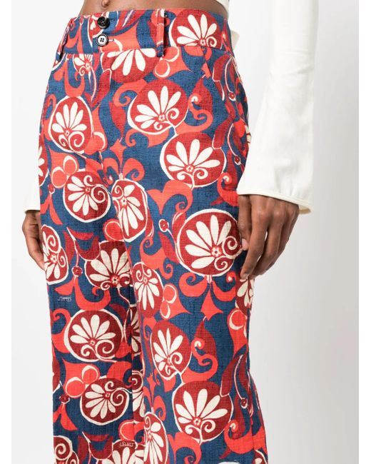 LaDoubleJ Red Hendrix Floral-Print Cotton Trousers