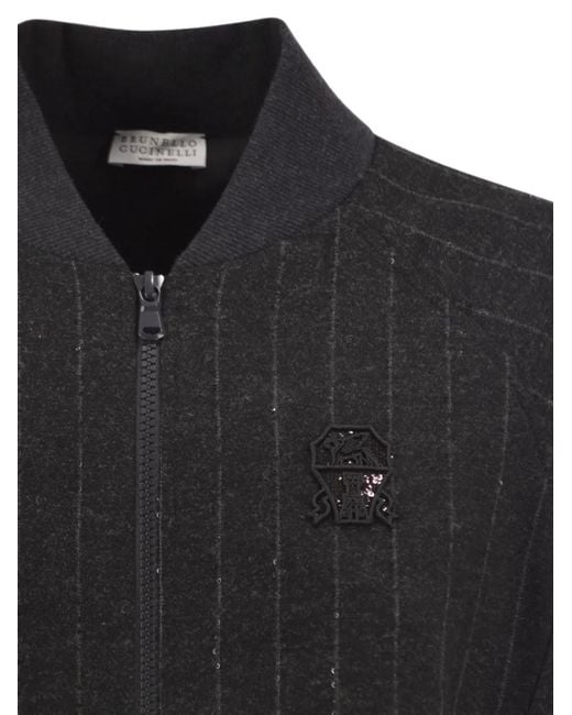 Brunello Cucinelli Black Pinstripe Zip-Up Bomber Jacket