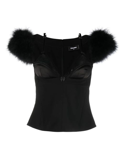 DSquared² Black Goth Feather-Trim Bustier Top