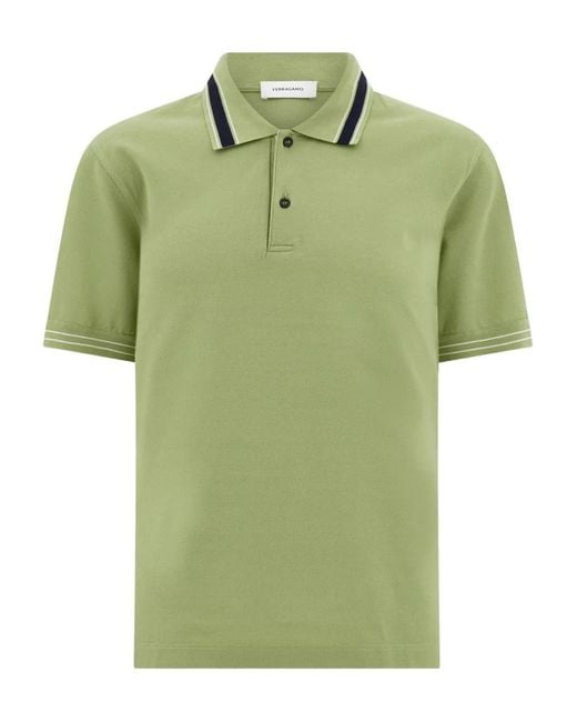 Ferragamo Green Logo Embroidered Striped Polo Shirt for men