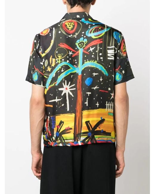 Palm Angels Blue Starry Night Cotton Bowling Shirt for men