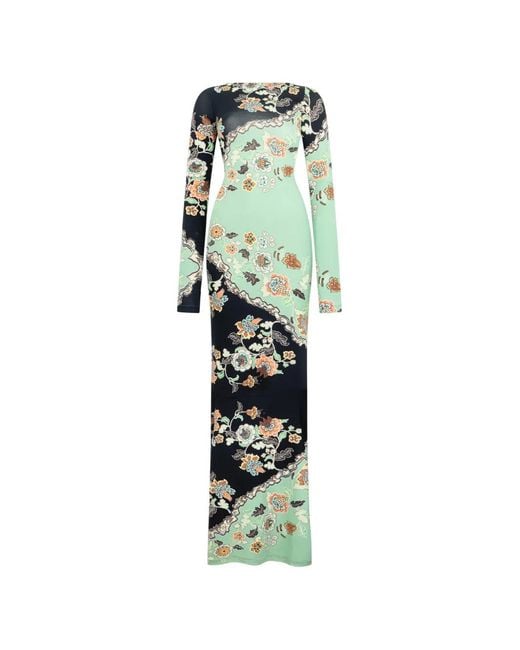 Roberto Cavalli Green Floral-Print Long-Sleeve Maxi Dress