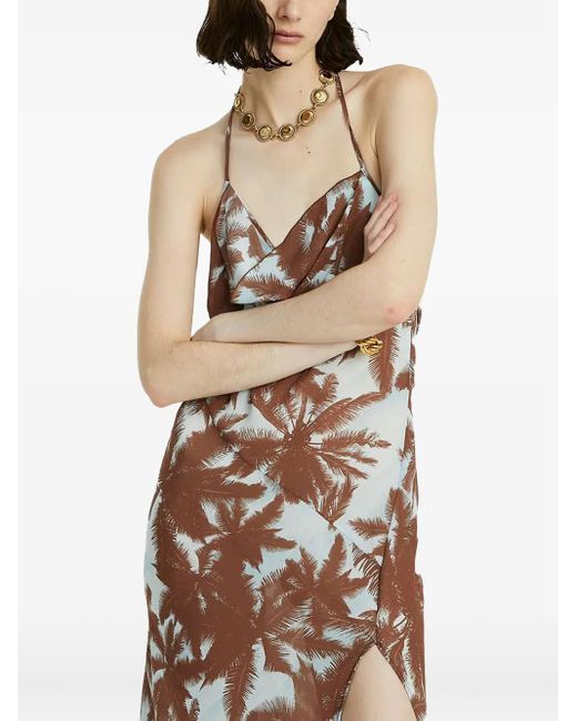 Celeste Natural Palm-Print Cowl-Neck Maxi Dress