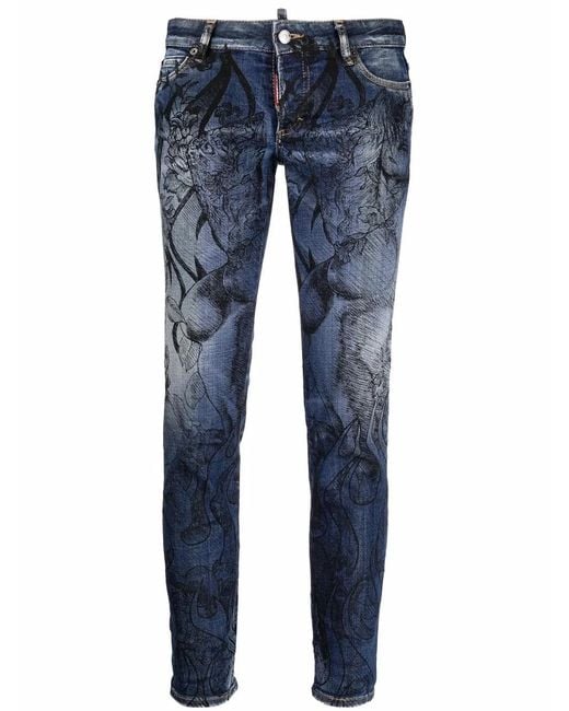 DSquared² Blue Floral-Print Skinny Jeans