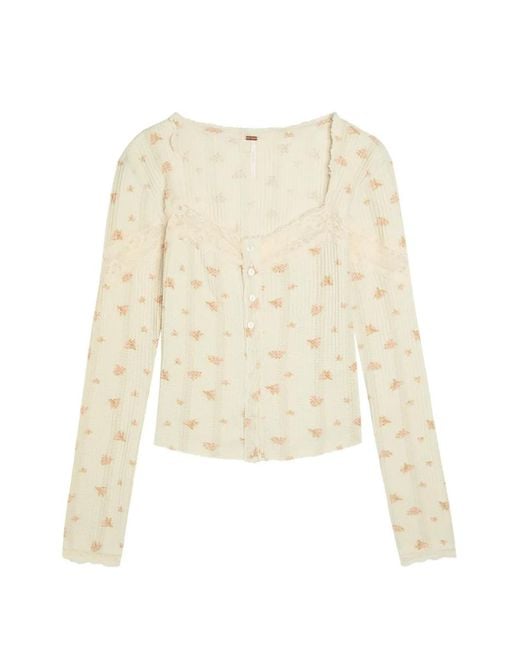 Free People White Let's Party Cardi Floral-Print Top