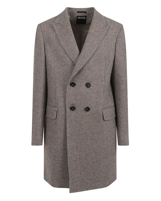 Zegna Gray Double-Breasted Herringbone-Effect Coat for men