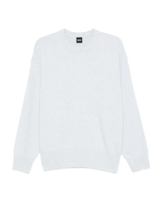 Boss White Crew-Neck Wool Sweater for men
