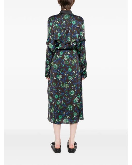 Sacai Green Floral-Print Ruffled Dress