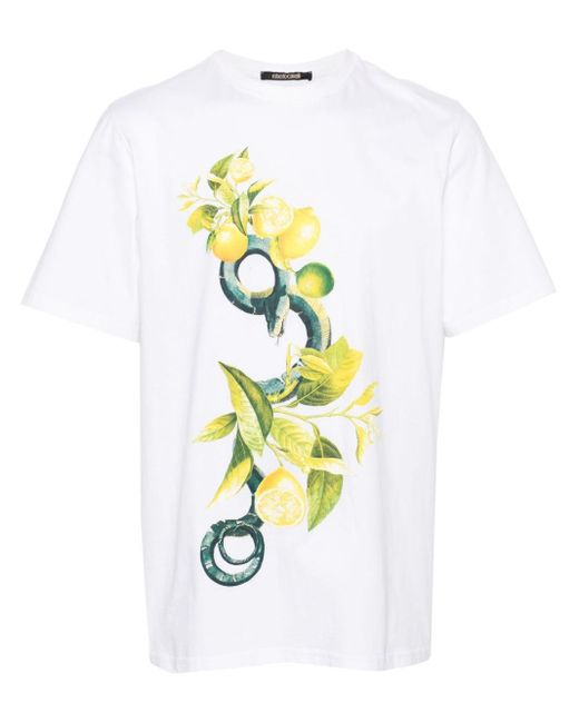 メンズ Roberto Cavalli レモン&スネークプリント Tシャツ White
