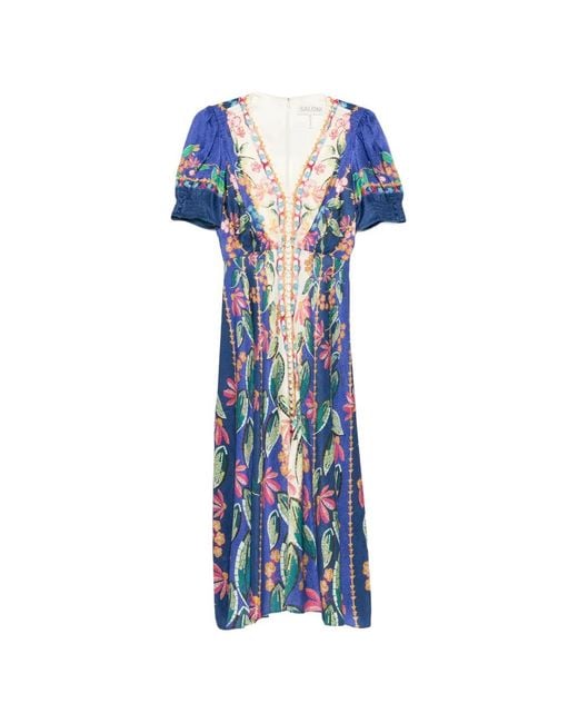Saloni Blue Lea Floral V-Neck Midi Dress