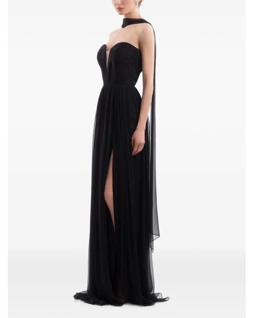 IMROSKA Black Iris Plunging-Neckline Draped Maxi Gown Dress