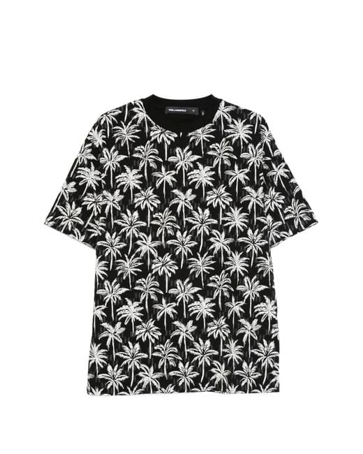 Karl Lagerfeld Black Palm-Print T-Shirt for men