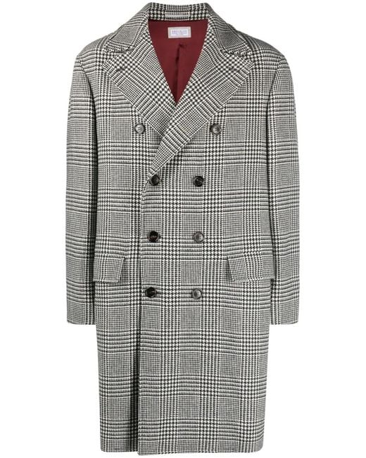 Brunello Cucinelli Gray Double-Breasted Checked Coat for men