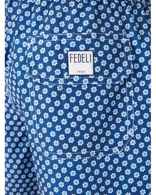 Fedeli Blue Floral-Motif Drawstring Swim Shorts for men