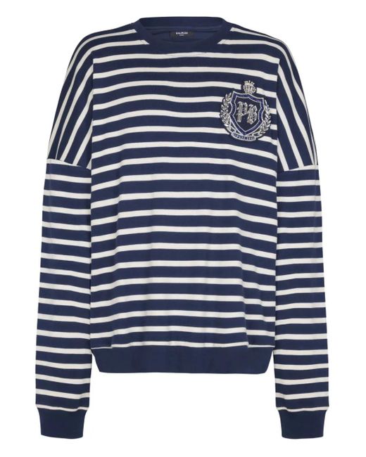 メンズ Balmain エンブレム ストライプ スウェットシャツ Blue
