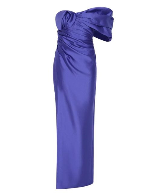 Rachel Gilbert Blue Marlo Ruched Off-Shoulder Gown