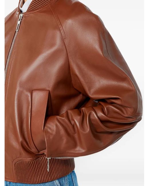 Sportmax Brown Ribbed-Trim Leather Jacket