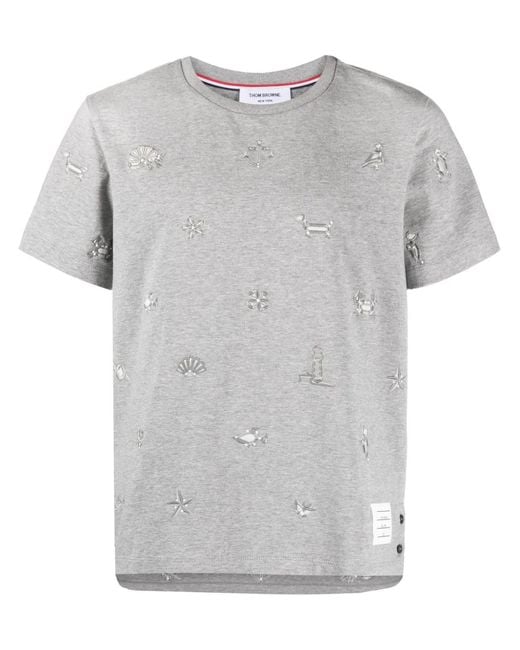 Thom Browne Gray Embroidered Cotton T-Shirt for men