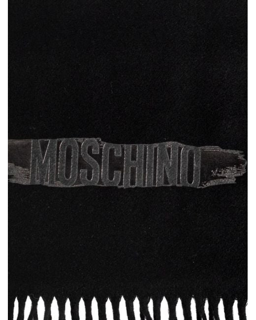 Moschino Black Fringed Logo-Patch Scarf