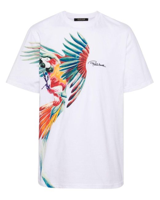 Roberto Cavalli White Parrot-print Cotton T-shirt for men