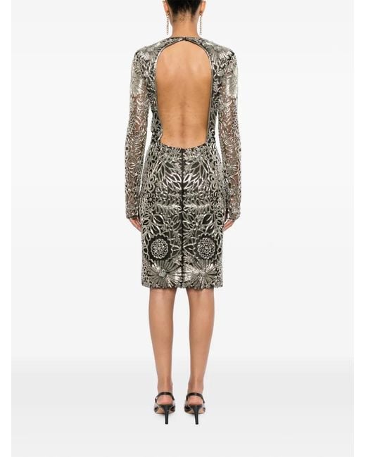 Naeem Khan Gray Floral-Beaded V-Neck Dress