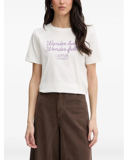 Twinset White Embroidered Slogan-Print T-Shirt