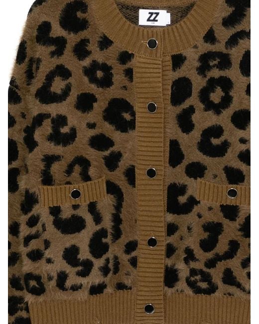 Izzue Green Distressed Leopard-Intarsia Cardigan