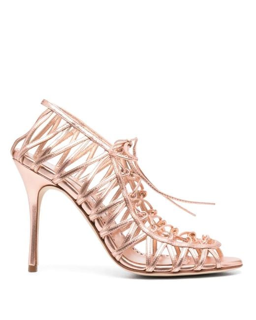 Manolo Blahnik Pink Hamza 100Mm Strappy Metallic Sandals